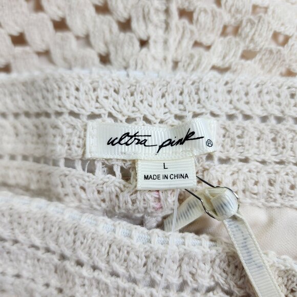 Ultra Pink Womens L Crochet Top Pants Set Boho 2 Piece Outfit Brown Cream Knit - Picture 9 of 11